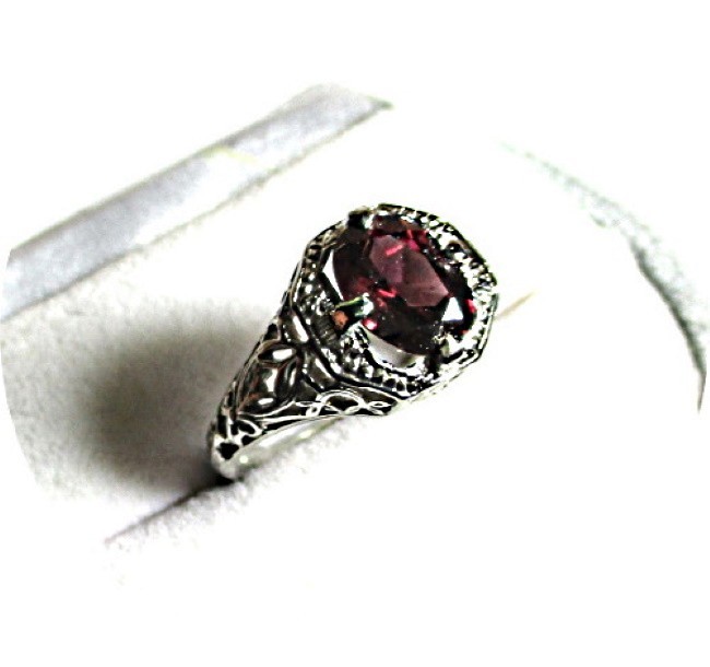 Pretty -RHODOLITE Garnet Ring – Violet Tint – Antique 14k Solid White Gold Mtg.