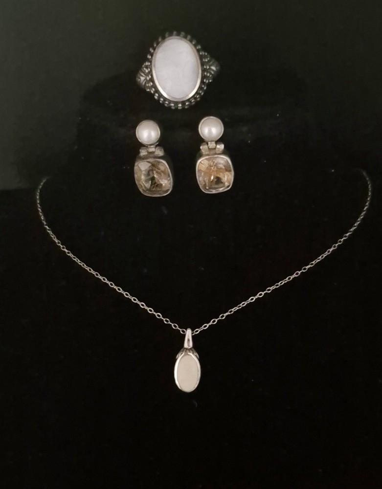 Vintage 925 Silver Lot: Rutilated Quartz Pearl Earrings Cameo Ring Shell Necklac