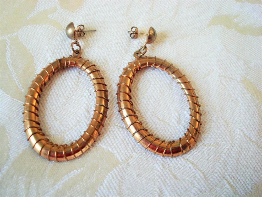 Vintage Pierced Earrings With Wire Wrapped Brass Tone Hoop Dangles KJ