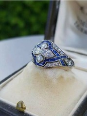 Art Deco Old Mine Cut Lab Created Diamond & Sapphire Engagement 925 Silver Ring
