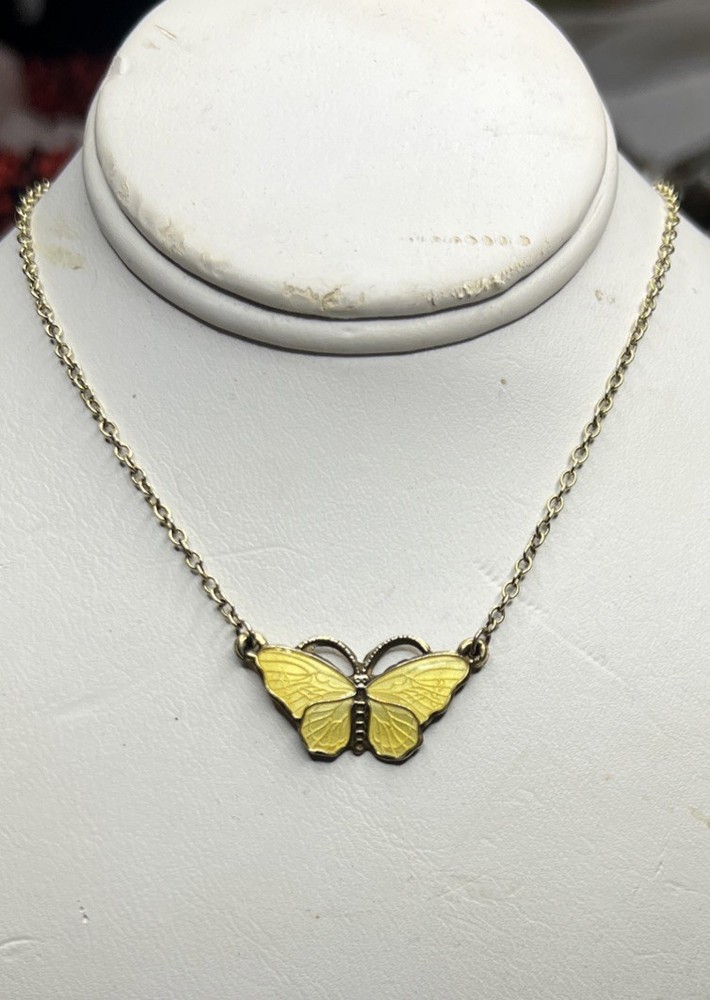 VTG Norway Norwegian Sterling Necklace Yellow Guilloche Enamel Butterfly Signed