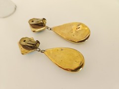 Vintage Artisan Gold Plated with Blue Ceramic Pottery Teardrop Clip On Earrings