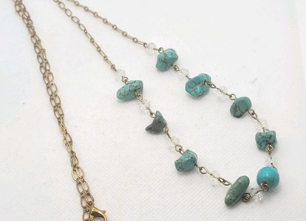 Vintage Turquoise Glass Beads Chain Necklace 29in.
