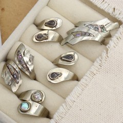 Vtg Mexico Alpaca Abalone Inlay Ring LOT 5 Wrap Shell Silver Metal Tone Mexican