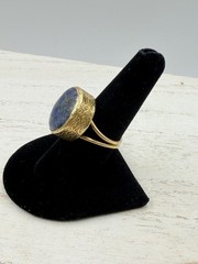 Vintage Artisan Lapis Lazuli Cabochon Brass Tone Adjustable Ring Sz 8.5