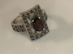 Sterling Silver Art Deco Garnet & Marcasite Filigree Ring Size 7