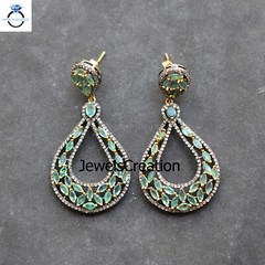 Natural Emerald Gemstone Earrings Pave Diamond Sterling Silver Jewelry Gifts