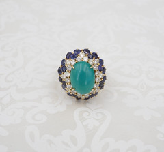 18k Vintage Turquoise Diamond Sapphire Cocktail Dome Ring Sz 6.5 Classic RG4800