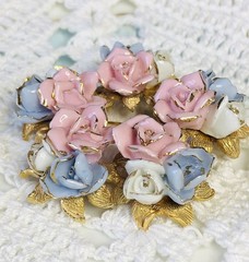 Vintage Porcelain Pastel Pink Blue White Roses Brooch