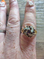 Vintage 18K GE Simulated Opal & Amethyst Floral Cluster Ring Size 8 Gold Tone