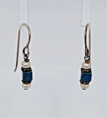 VTG Beaded Dangle Earrings 1in Drop Blue Stone Seed Pearl Silver Tone Estate