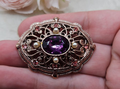 Vintage Victorian Style Oval Rose Seed Bead Purple Gemstone Brooch Rhinestone
