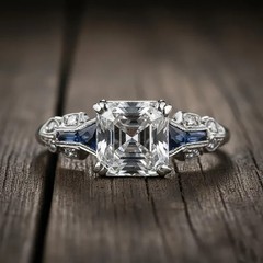Art Deco Style Asscher Lab Created Diamond & Sapphire 925 Silver Engagement Ring