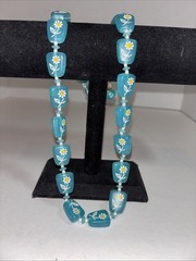Mid-century Beaded Necklace Inset Daisy Flower Aqua Blue Beads Vintage Hong Kong