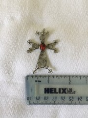 Vintage Armenian Silver Filigree Khachkar Cross Pendant With Red Cabochon Stone