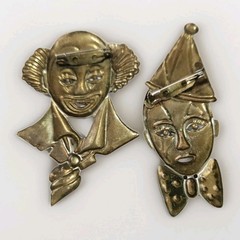 Lot Of 5 Vintage Clown Pin Back Brooches Circus Painted Metal 1 Articulated