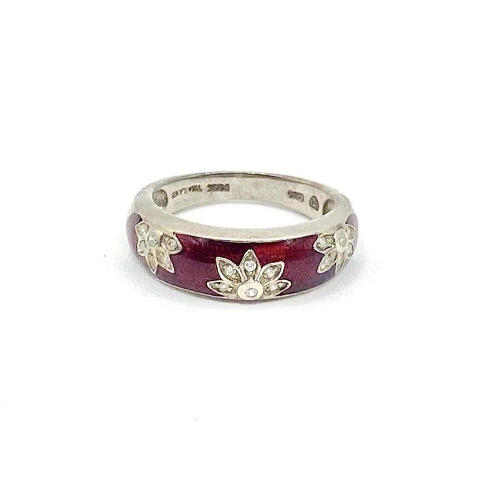 Vintage Sterling Silver 925 Dark Red Enamel CZ Crystal Ring Lotus Flower Size 7