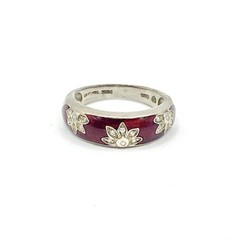 Vintage Sterling Silver 925 Dark Red Enamel CZ Crystal Ring Lotus Flower Size 7