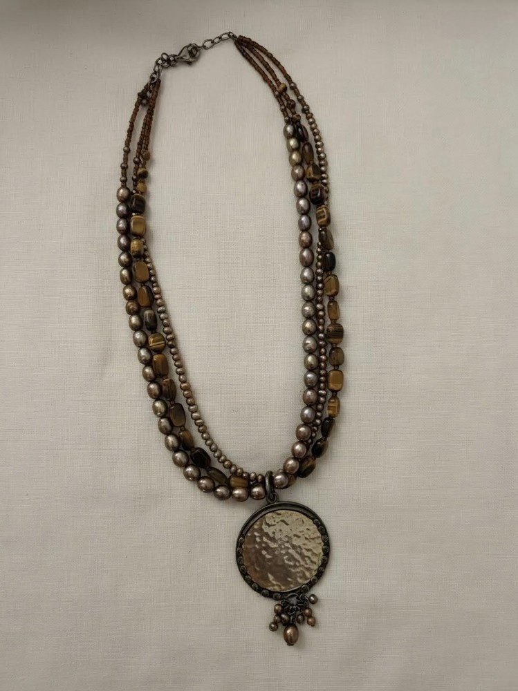 Vintage SILPADA Necklace Tiger Eye Pearl 3 Strand Hammered Pendant