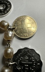 Vintage Handmade 7″ Coin Bracelet w/ 7 Coins Africa India 1947-1957 Faux Pearls