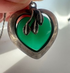 Vintage green malachite necklace sterling silver 925 heart pendant woman jewelry