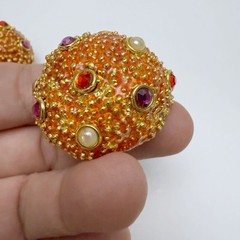 Vintage Sea Urchin Beachy Enamel Rhinestone Faux Pearl Round Clip On Earrings