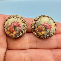 Vintage West Germany Earrings Sugared Florals Gold Tone Filigree Round Clip On