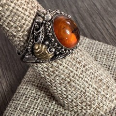 Vintage 925 Sterling Silver Genuine Amber Ring Cognac Cabochon Floral Sz 6.75