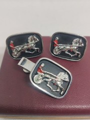 Retro Swank Cufflinks & Tie Bar Set Silvertone W/Enamel Jockey Harness Racing