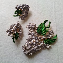 Vintage Lilac Floral Purple and Green Enamel Brooch and Clip Earrings Set