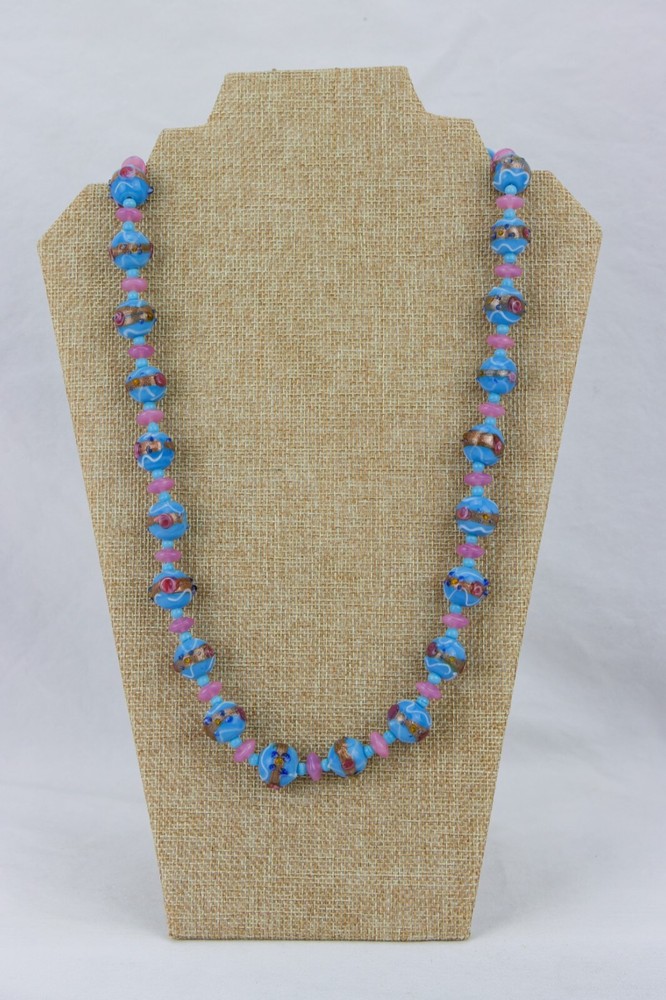 Sky Blue Cake Bead Necklace with Glass Bead Spacers, Closed Single Strand, 132gr