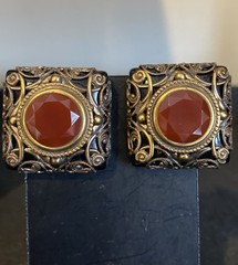 Vtg PATRICE Brass Carnelian Onyx Double Strand Bead Pendant Necklace Earring Set