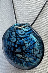 Beautiful Vintage Hand Blown Blue & Black Crackled Pendant On Cord Necklace