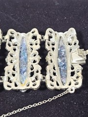 VTG Wide Victorian Revival Blue Confetti Cab Bracelet & Earrings Set