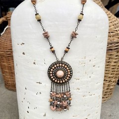 VTG VCLM Signed Boho Statement Medallion Necklace Peach Wood Bead Fringe Fringe