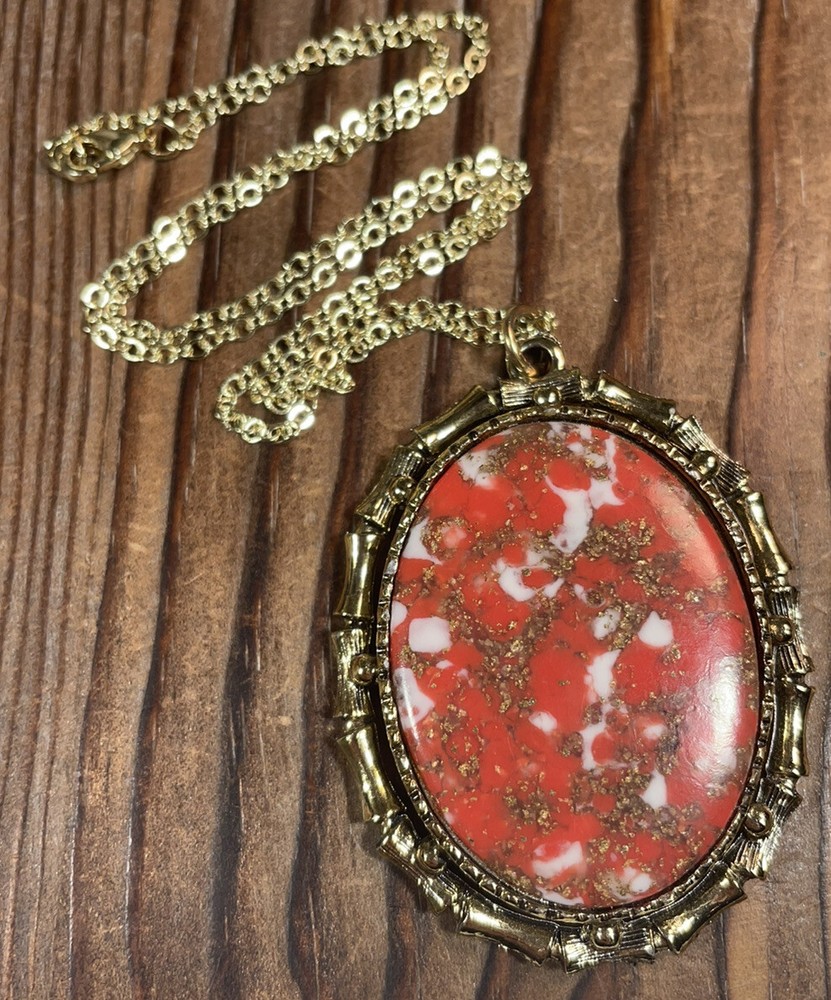 Vintage Pendant necklace red/orange gold white gold tone 14k Gold plated 18” *