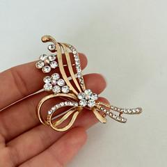 Ladies Clear Rhinestone AB Flower Plant Gold Tone Sparkly Brooch Pin