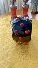 BIG Vtg 2” Black Resin Sterling Inset Red Coral STATEMENT Bangle Bracelet