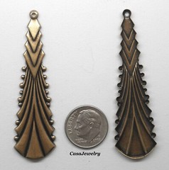 #3439 LARGE ANTIQUED GOLD ART DECO DROP W/TOP HANG RING – 4 Pc Lot