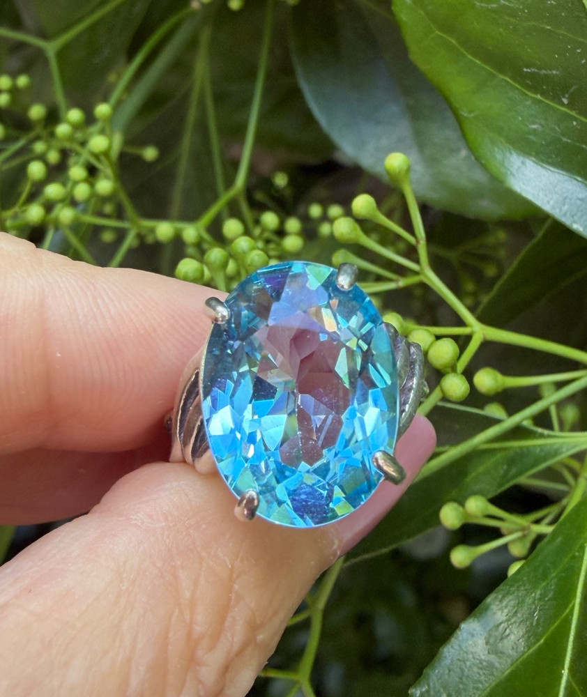 VINTAGE LARGE OVAL CUT BLUE TOPAZ SOLITAIRE RING 925 STERLING SILVER STATEMENT