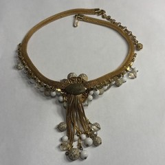 Vintage High End White Cream Clear Beads AB Rhinestone Gold Tone Mesh Necklace