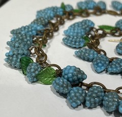 Vintage Grapes & Leaves Glass Neckace Bracelet Earrings In 14k B-on Brass Chain