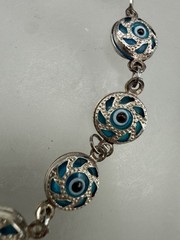 ESTATE STERLING SILVER SWIRL EVIL BLUE EYE BEAD GOOD LUCK LINK BRACELET