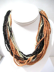 Multi 28 Strand Vintage Necklace Black White Silver Metal Wood Glass Plastic