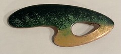 MCM Copper Enamel Boomerang Open Swirl Brooch modernist artisan signed Belanger