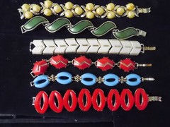 Lot of 6 1950’s Thermoset Bracelets Red, Blue, Green, White & Yellow