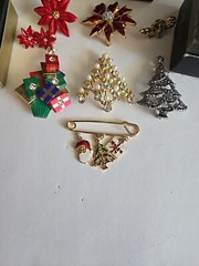Vtg Christmas Brooch Pin Lot Holiday Avon Trees Bells Necklace Lot