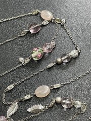 Vintage 48” Pink Floral Glass MOP Beads Butterfly Bird Charm Chain Necklace