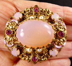 Vintage West Germany Opaline Pink Glass & Rhinestone Filigree Pin Brooch Oval