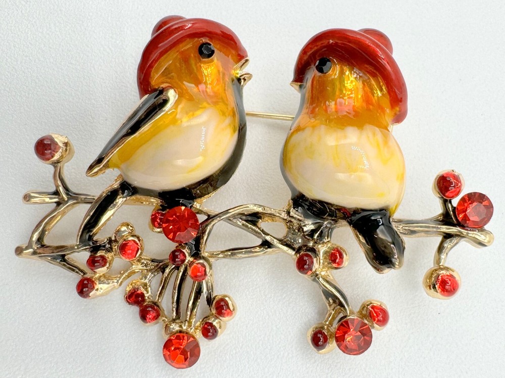 T14-1535 BROOCH GOLD TONE PIN 1.9″ ANIMAL ENAMEL RHINESTONE BIRDS CHIRPING